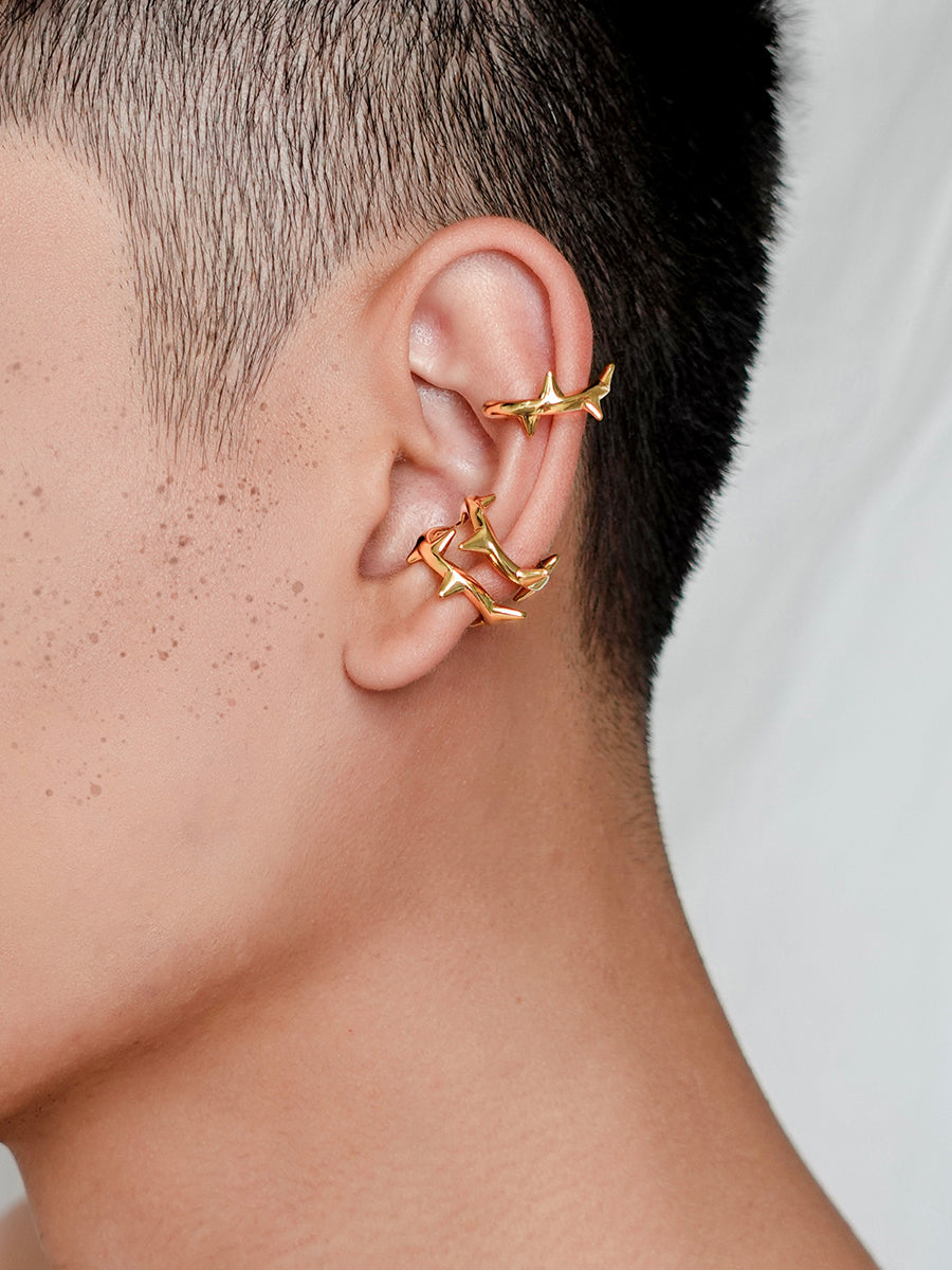 Arcenkelab Rose Thorn Ear Clip in polished gold and silver, featuring thorn-inspired lines for a unisex, versatile accessory.