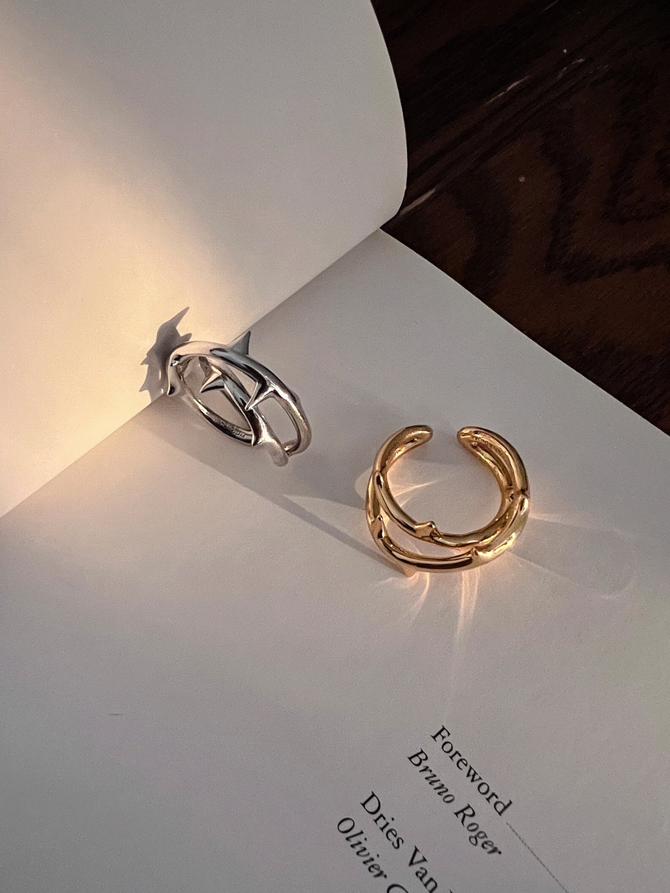 Arcenkelab Rose Thorn Ring in polished gold and silver, featuring thorn-inspired lines for a unisex, versatile accessory that elevates any outfit.