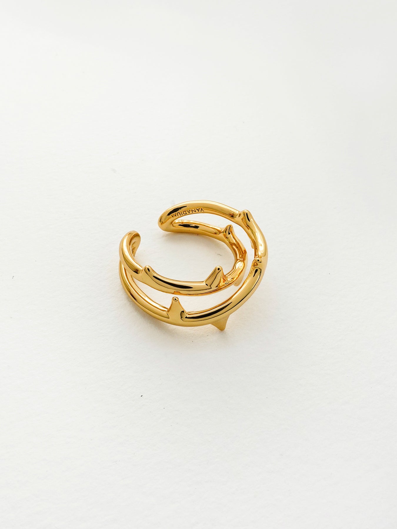 Arcenkelab Rose Thorn Ring in polished gold and silver, featuring thorn-inspired lines for a unisex, versatile accessory that elevates any outfit.