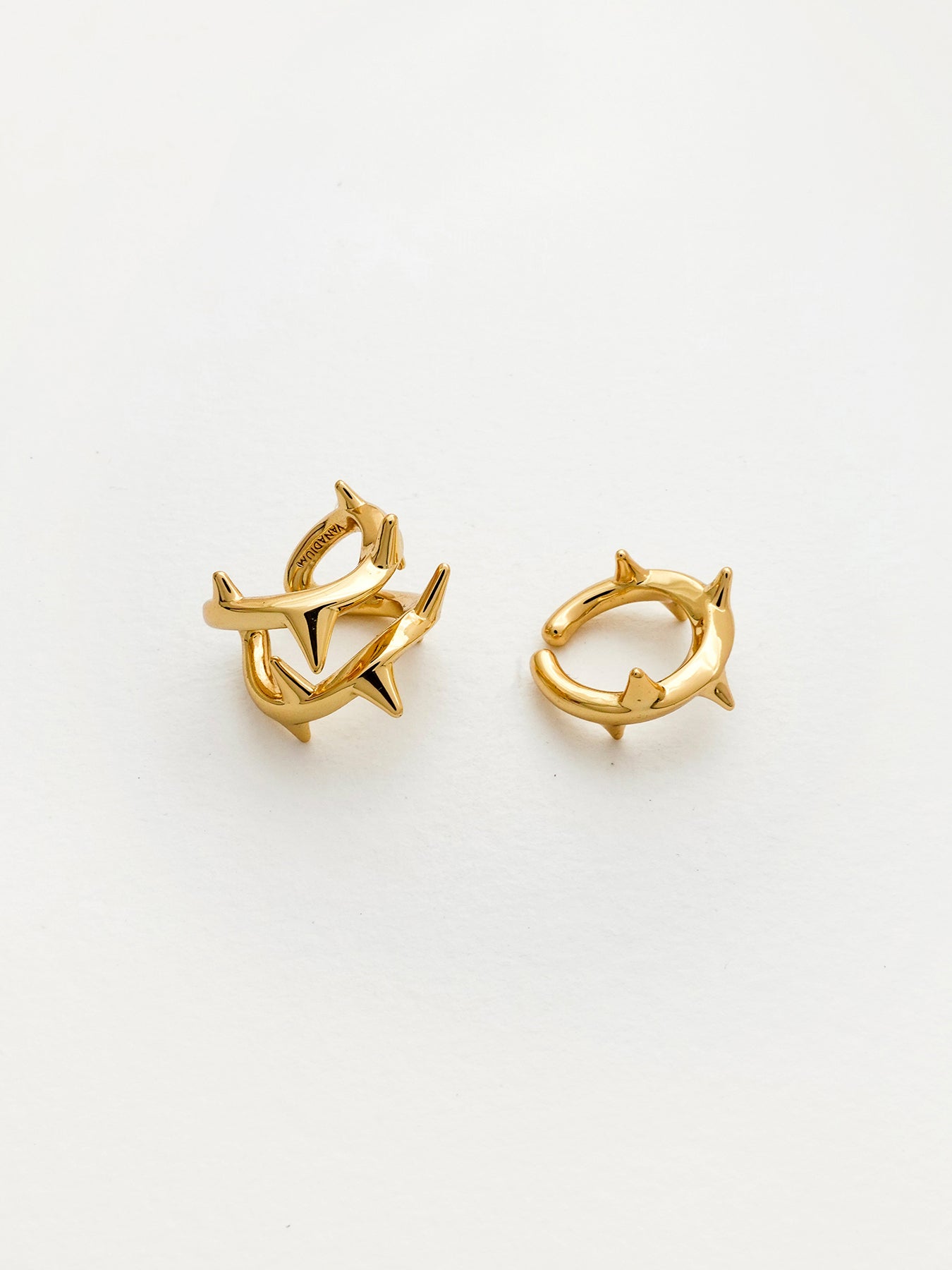 Arcenkelab Rose Thorn Ear Clip in polished gold and silver, featuring thorn-inspired lines for a unisex, versatile accessory.